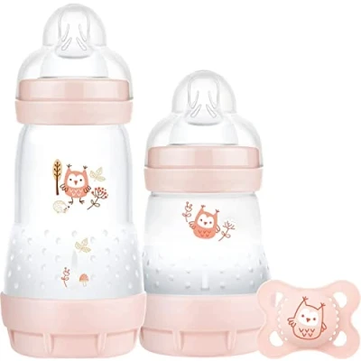 Image of MAM Easy Start Colours of Nature Starter Self Sterilising Anti Colic Set (Owls), Non Shiny Matt Finish Newborn Bottle and Soother, Essentials