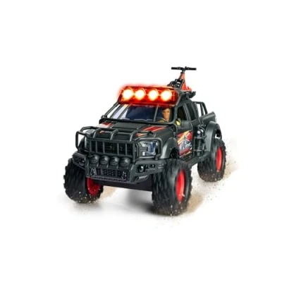 Image of Dickie Toys 203834006 Ford Raptor Toy car (25 cm) for Downhill Racing Action Freewheel Off Road Vehicle with Figure and Trail Bike Children from 3 Years, Black/red