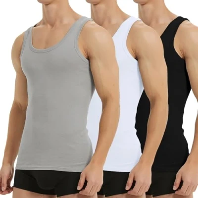 Image of Falechay Men&#039;s Tank Top Pack of 5 Cotton Fine Rib Sleeveless Muscle Shirt Sports Vests, 3 x black white grey, XL