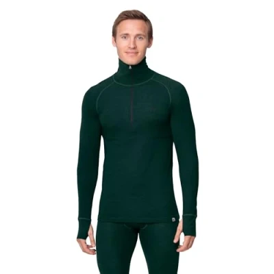 Image of DANISH ENDURANCE Merino Thermal Underwear Mens, Long Sleeve Mens Thermals, Top for Men, Sleeve, Wool Base Layer with or Without a Zipper Dark Green XL