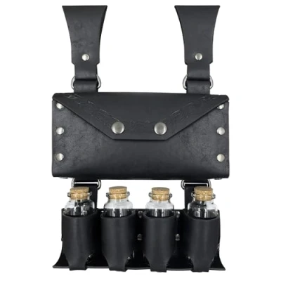 Image of HiiFeuer Medieval Alchemy Faux Leather Belt Bag with 4 Cork Potion Vials, Fantasy Wizard Waist Pouch Side Pack for LARP Ren Faire (Black A)