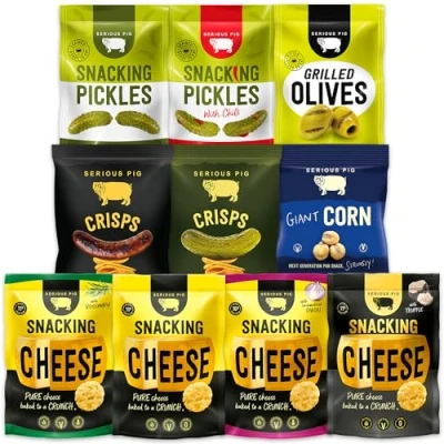 Image of SERIOUS PIG Vegetarian Snack Selection Gift Box, 22 Savoury Snacks Cheese, Pickles, Crisps &amp; Corn
