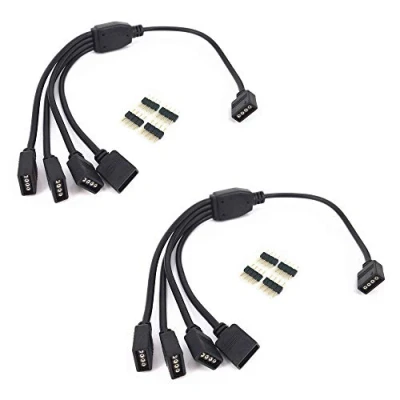 Image of 2 pcs Black 4 Pins LED Splitter Cable Strip Connector Way Y for One to Four RGB 5050 3528 Light Strips with 10x Male Pin Plugs 30cm/12inch Long