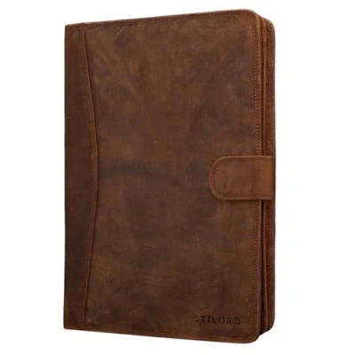 Image of STILORD &#039;Cohen&#039; Leather Portfolio Conference Folder A4 Business Map Organizer Padfolio for 12,2 Inch Tablet Writing Case with Zipper, Colour:Middle Brown
