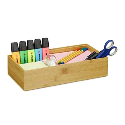 Image of Relaxdays Bamboo Storage Box, Stackable, Natural Look, Kitchen Organiser Bins, Bathroom, HxWxD: 7 x 30 15 cm,