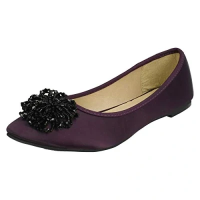 Image of Ladies Spot On Beaded Ruffle Vamp Flat Ballerina Purple Satin UK Size 5 EU 38 US 7