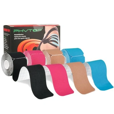 Image of PHYTOP Kinesiology Tape 80 Count Precut Strips (25cm x 5cm) Mixed Color Physio for Muscle, Joints, Sports &amp; Physical Therapy (Black，Beige，Blue，Pink)