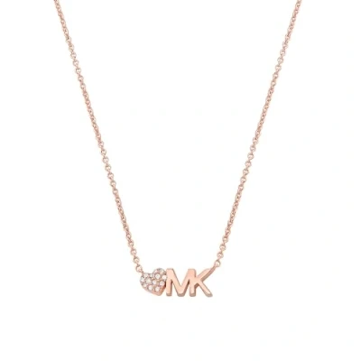 Image of Michael Kors Brass and Pavé Crystal MK Logo Pendant Necklace for Women, Color: Rose Gold (Model: MKJ7977791), No Size, Metal,