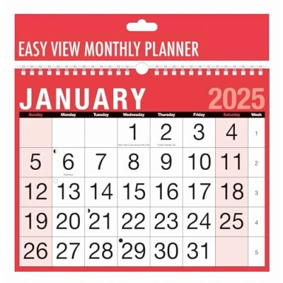Image of 2025 Calendar Easy Month to View Spiral Bound Wall Planner Red and Black Calender for Home Business Office School 1 January 31 December