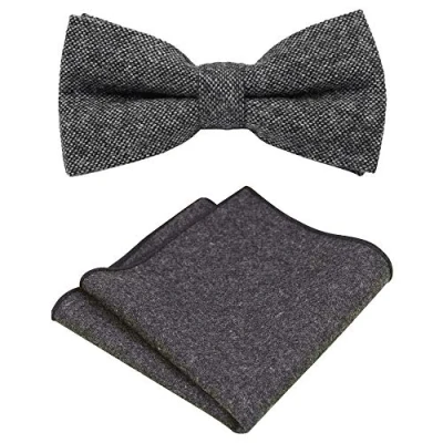 Image of Men&#039;s Luxury Wool Pre tied and Fully Adjustable Bow Tie &amp; Pocket Square Set (Charcoal Grey) suitable for formalwear, office, weddings, parties, grooms groomsmen outfits