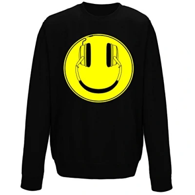 Image of Youth Kids Childrens Headphones Happy Smile Face DJ Rave Bass Music Crew Neck Sweatshirt Black 12 13 Years (XL)