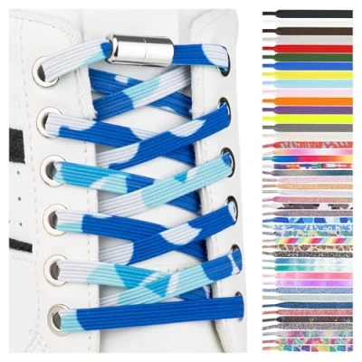 Image of SULPO Elastic rubber laces without ties, flat, with screw closure, Blue and white colour stains, One Size