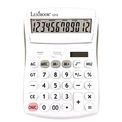 Image of Lexibook C212 12 Digit Desktop Calculator with Folding Display Basic and Memory Function Large Keys Screen for Office, School, Home Solar &amp; Batteries White/Gray