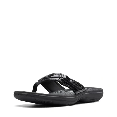 Image of Clarks Women&#039;s Breeze Sea Flip Flop, Black Synthetic Patent, 5.5 UK