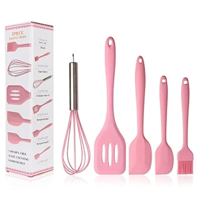 Image of BINHAI Silicone Spatulas Set Pink 5 pcs Kitchen Utensil Basting Pastry Brush Oil Egg Beater Slotted Turner Cooking Spatula Non Stick