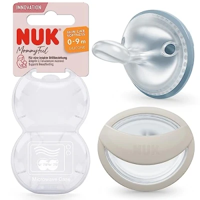 Image of NUK MommyFeel Baby Dummy 0 9 Months Breastfeeding Friendly Soothers BPA Free Silicone Jeans &amp; Greige 2 Count