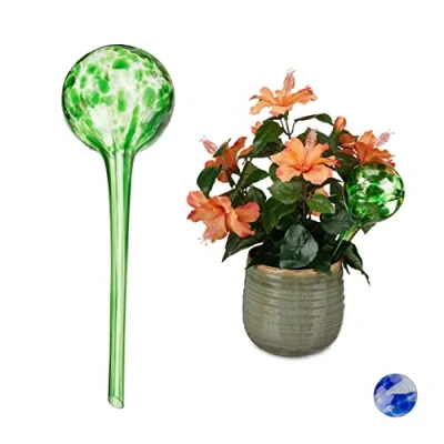 Image of Relaxdays Watering Globes, Regulated Plant Irrigation for Office &amp; Holiday, Glass, Ø9 cm, Green, Set of 2