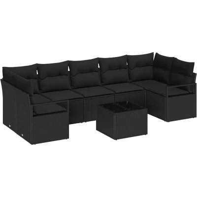 Image of vidaXL 8 Piece Garden Sofa Set with Cushions Black Poly Rattan
