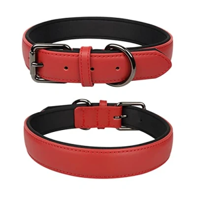 Image of OFHome Dog Collar Leather for Small Medium Large Dogs, Soft Padded with Heavy Duty Buckle Waterproof Pet Collar, Red, S