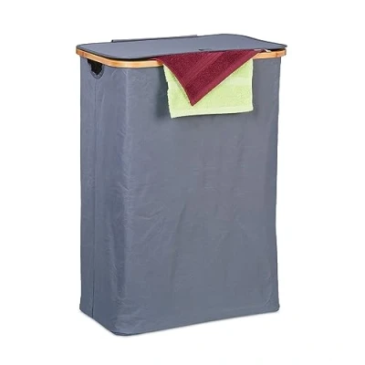 Image of Laundry Basket with Lid, 105 l, Washing Hamper, Bamboo &amp; Polyester, Folding, Portable, Storage, Grey/Natural Relaxdays