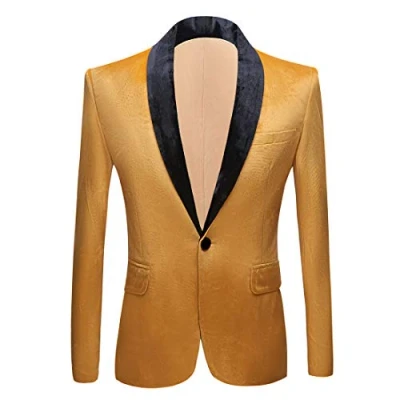 Image of PYJTRL Mens Fashion Velvet Suit Jacket Slim Fit Blazers (Yellow, 42)