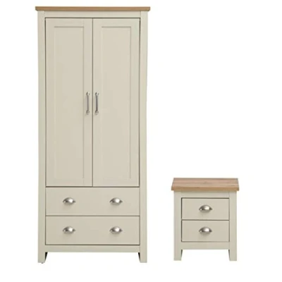 Image of Timber Art Design UK Bedroom Furniture Set Wardrobe 2 Piece Bedside Table with Steel Handles &amp; Metal Drawer For Bedroom, Living Room, Home Office, Hallway, Multi functional Storage Unit, Cream
