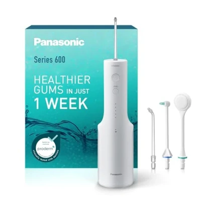 Image of Panasonic Series 600 Ultrasonic Oral Irrigator EW DJ67 W311, Water Flosser for Teeth, 200ml, IPX7, 2 Nozzles, 1 Orthodontic &amp; Tongue Care Nozzle, 5 Pressure Settings, White