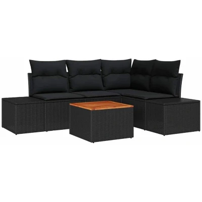 Image of vidaXL 5 Piece Garden Sofa Set with Cushions Black Poly Rattan Acacia