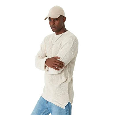 Image of Trendyol Man Oversize Basic Crew Neck Knitwear Sweater Beige