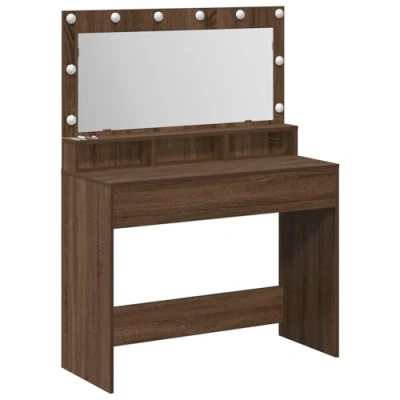 Image of vidaXL Brown Oak Dressing Table Bedroom Furniture Mirror &amp; Lighting Included Makeup Vanity with Storage 100x41x135 cm Solid