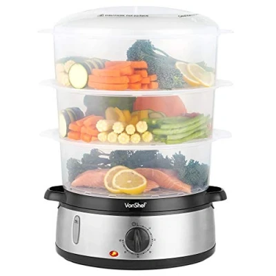 Image of VonShef Food Steamer Electric with 3 Removable Stackable Tiers, 60 Minute Timer, Boil Dry Protection, Easy Clean Dishwasher Safe Parts &amp; Rice Bowl Included for Healthy Steam Cooking BPA Free, 800W