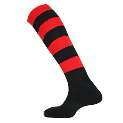 Image of Mitre Junior Mercury Hoop Football Sports Socks Team Kit Lightweight Long Sock Breathable Sock, Black/Scarlet, Mini (12 UK Child 2 UK)
