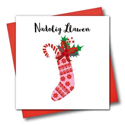 Image of Welsh Language Embellished Christmas Greeting Card, Nadolig Llawen, Happy Christmas, Red and Pink Stocking
