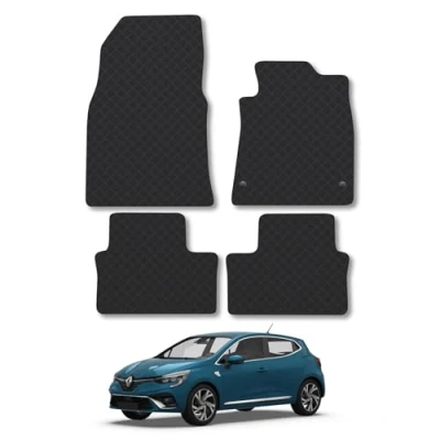Image of Rubber Car Mats Compatible with Renault Clio (2019 ) Tailored Fit Floor Set Accessory Black Custom 4 Pieces Clips Anti Slip Backing, Heavy Duty &amp; Waterproof