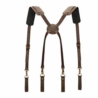 Image of TOURBON Leather Tool Belt Suspenders Padded Electricians Harness Heavy Duty Carpenters Work Braces