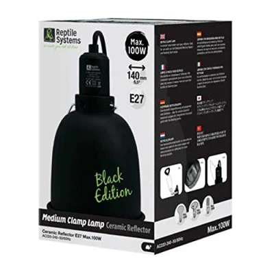 Image of Reptile Systems D3 E27 BLACK EDITION Ceramic Clamp Lamp with Reflector MEDIUM 140mm 100w MAX