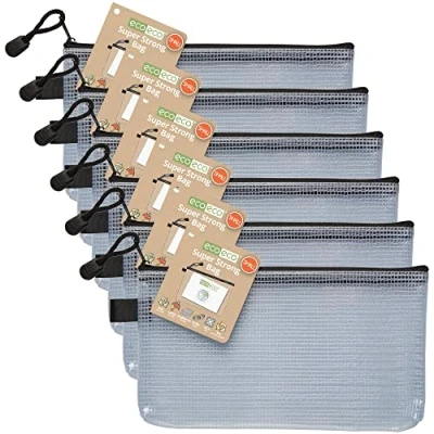 Image of eco Small DL 95% Recycled Super Strong Bag, Waterproof Mesh Tuff Reinforced Black Zip Closure (Pack of 6), eco037x6,230mm x 125mm