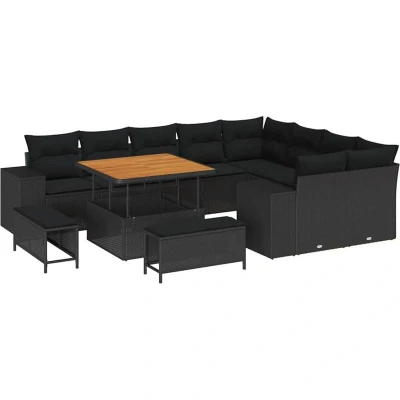 Image of vidaXL 12 Piece Garden Sofa Set with Cushions Black Poly Rattan Acacia
