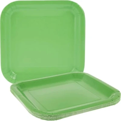 Image of Solid Lime Green Square Paper Dinner Plates (22cm) 14 Count Elegant, Disposable, Perfect for Parties &amp; Events