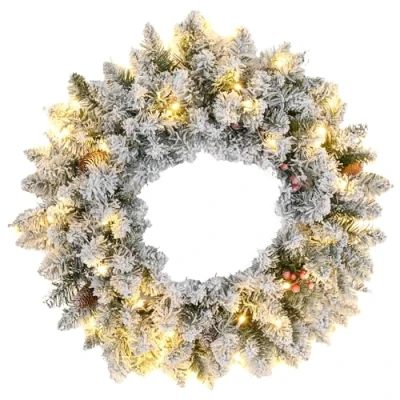 Image of HOMCOM 60cm Pre Lit Christmas Wreath for Front Door with LED Lights, Pine Cones and Red Berries, Flocked Winter Windows, Wall Decoration, Green