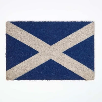 Image of HOMESCAPES Scottish Flag Coir Doormat, Saint Andrew&#039;s Cross 40 x 60cm, Natural Door Mat with Rubber Backing, Non Slip Welcome Entrance for Indoor/Outdoor Use Blue and White