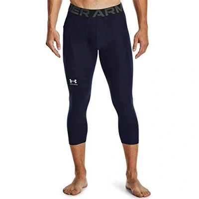 Image of Under Armour Men&#039;s HeatGear 3/4 Leggings Sweatpants, Midnight Navy (410) / White, M