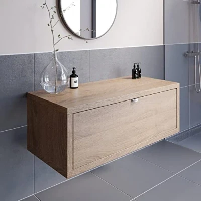 Image of Vitusso® 1100mm Bathroom Countertop Vanity Unit Wall Hung Drawer Storage Furniture Oak Wood, No Basin