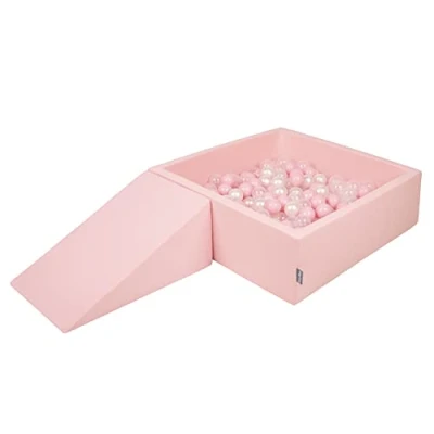 Image of KiddyMoon Foam Playground For Kids With Square Ballpit (100 Balls ∅ 7Cm/2.75In) Soft Obstacles Course And Ball Pool, Made In The EU, Pink:Powder Pink/Pearl/Transparent