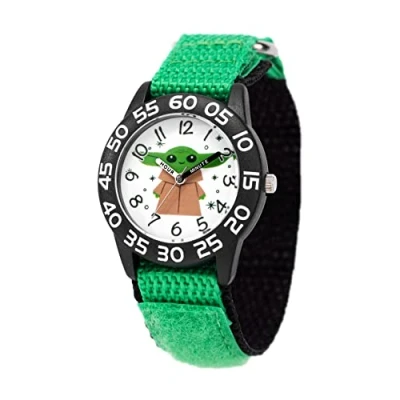 Image of STAR WARS The Mandalorian Kids&#039; Plastic Time Teacher Analog Quartz Nylon Strap Watch, Green, Black, (Blk/Green), strip