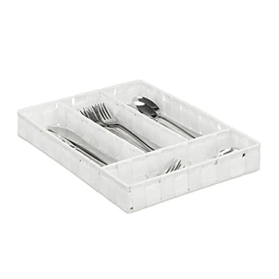 Image of Relaxdays Cutlery Tray, 4 Compartments, Kitchen Flatware Organiser, Drawer Insert, HxWxD: 4.5x26x36 cm, White
