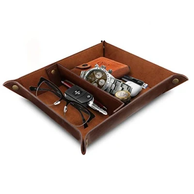Image of Londo Leather Tray Organizer Caddy, Practical Storage Box Valet for Wallets, Watches, Keys, Coins, Phones, Sunglasses and Office Equipment