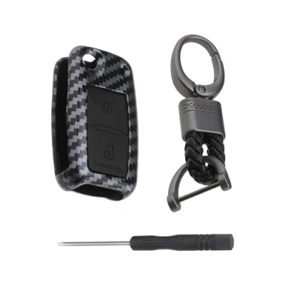 Image of YINETTECH 2 Buttons ABS Carbon Fiber Shell Silicone Car Key Cases Cover Smart Fob with Keychain Compatible VW Golf 4 5 6 (Black)