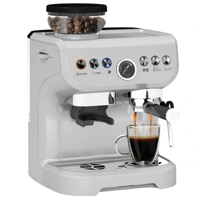 Image of HOMCOM Espresso Machine with Integrated Bean Grinder &amp; Steam Wand, to Cup Coffee 15 Bar Italian Pump, 2L Water Tank, Cappuccino Maker, Stainless Steel Silver
