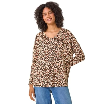 Image of Roman Womens Animal Print V Neck Tunic Stretch Top Beige Size 16 UK